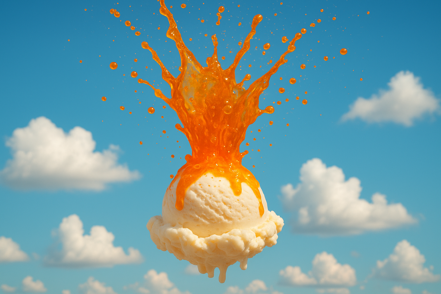 orange soda exploding from a vanilla ice cream scoop in the sky